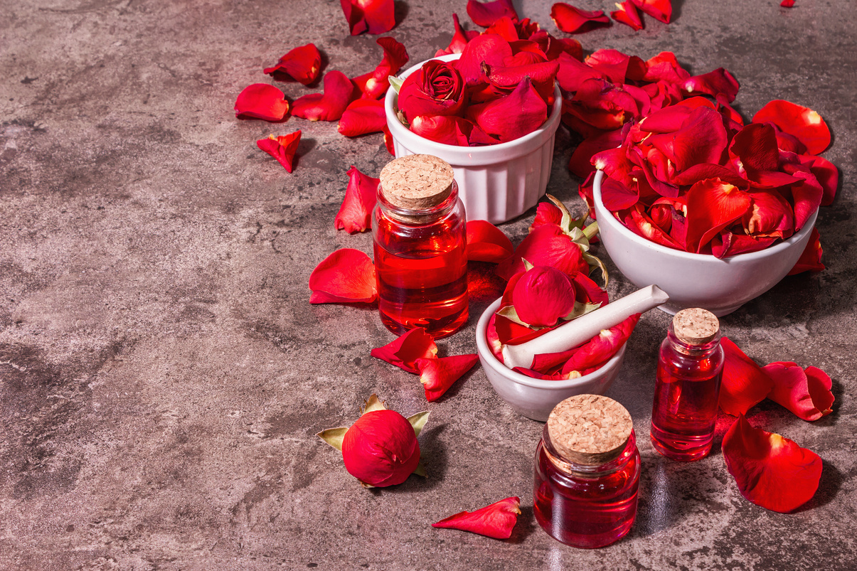Rosewater with rose petals